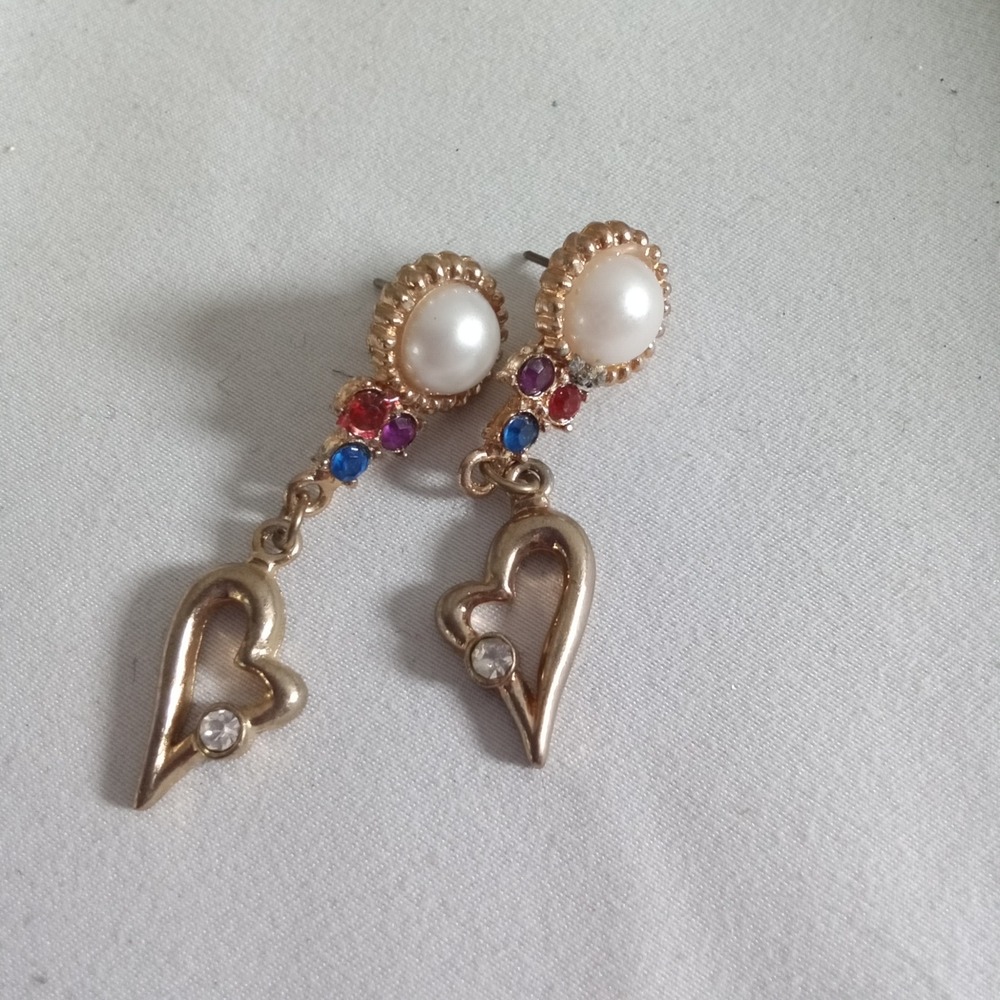 Gold Tone Faux Pearl Heart Drop Earrings Multi‎ Color Rhinestone Dangle Jewelry